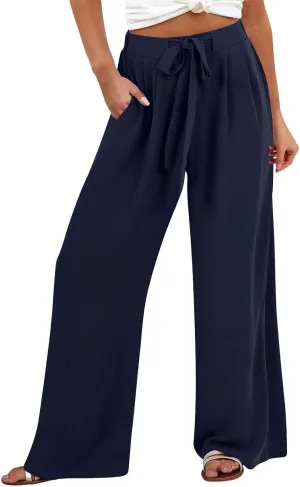 Solid Cotton Linen Pants for Women Wide Leg Drawstring Elastic High Waist Pant Casual Summer Relax Trousers