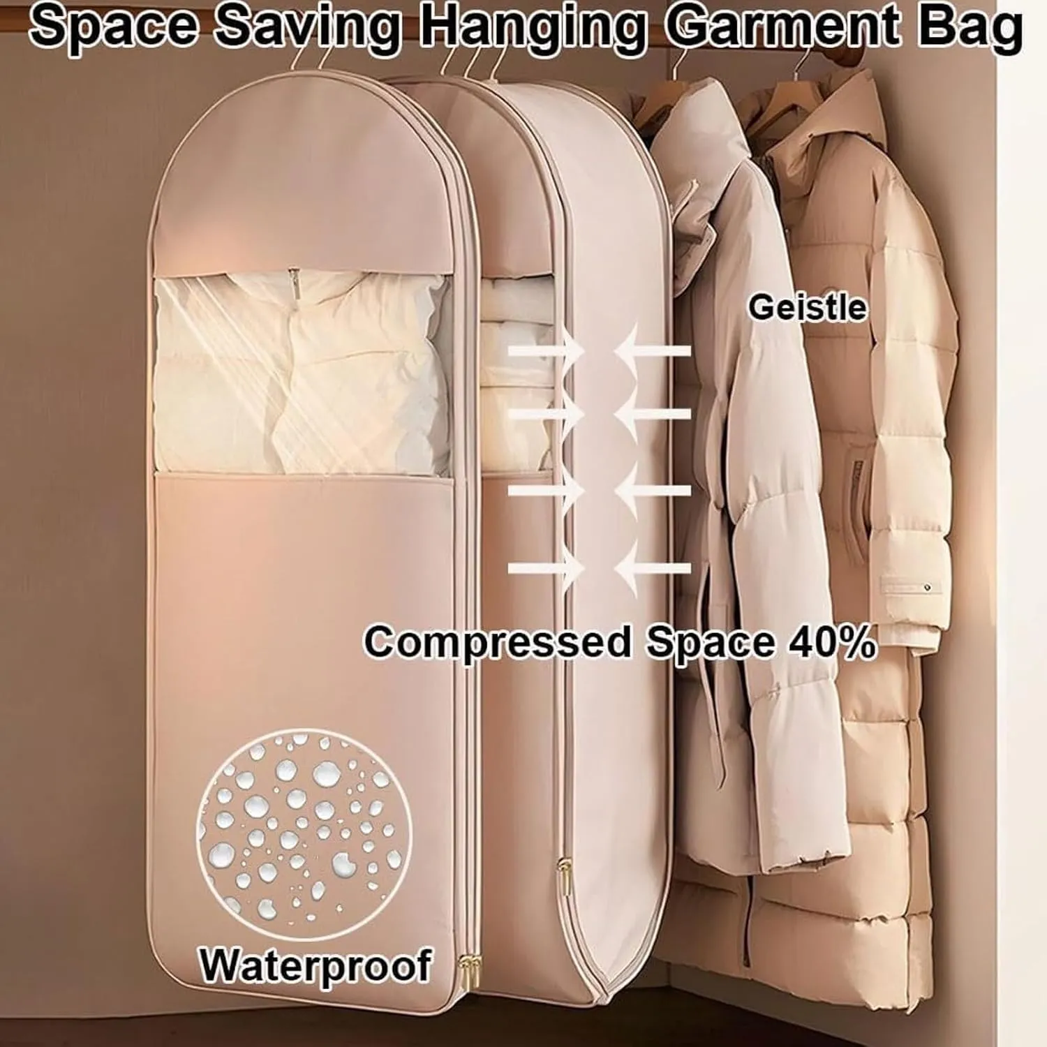 Space Saving Hanging Garment Bag with Self Compression Zipper, Otherwise Garment Bag, 2025 New Space Saving Hanging Protector, Space Saver Closet Organizers(Beige,L)