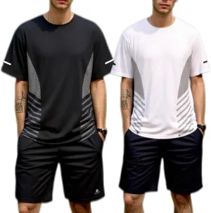 Sport Set for Men Black White T-Shirts Shorts Quick Dry Flex-Fit for Fitness Gym Running Casual Wear