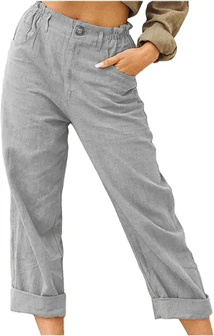 Spring Pants for Women 2023 Casual Straight Leg Elastic Waist Cropped Lounge Pant Trousers with Pockets