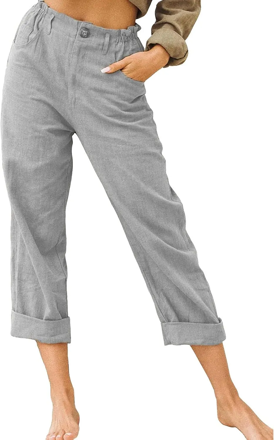 Spring Pants for Women 2023 Casual Straight Leg Elastic Waist Cropped Lounge Pant Trousers with Pockets