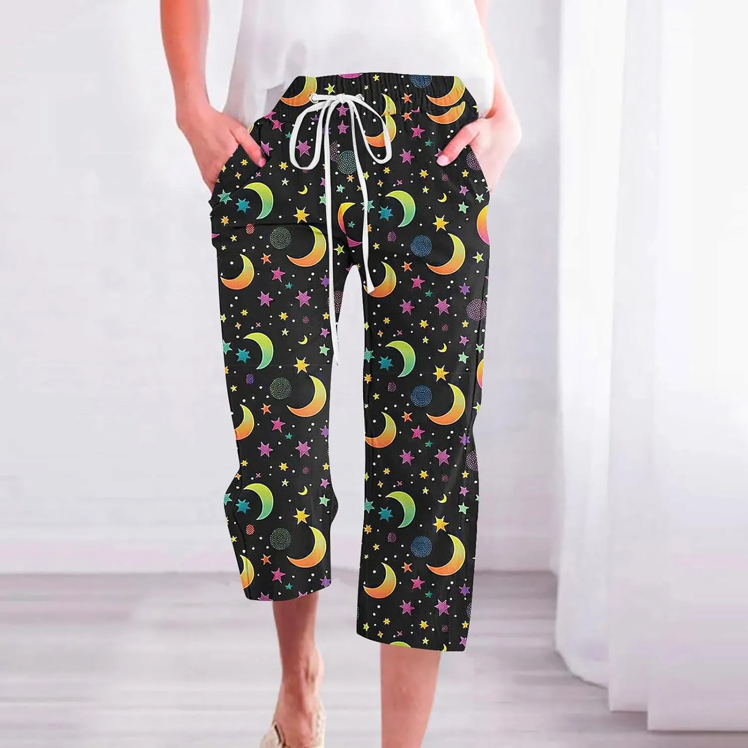 Star Universe Printed Capri Pants for Women Drawstring Straight Wide Leg Pant High Waist Casual Beach Trousers Lounge
