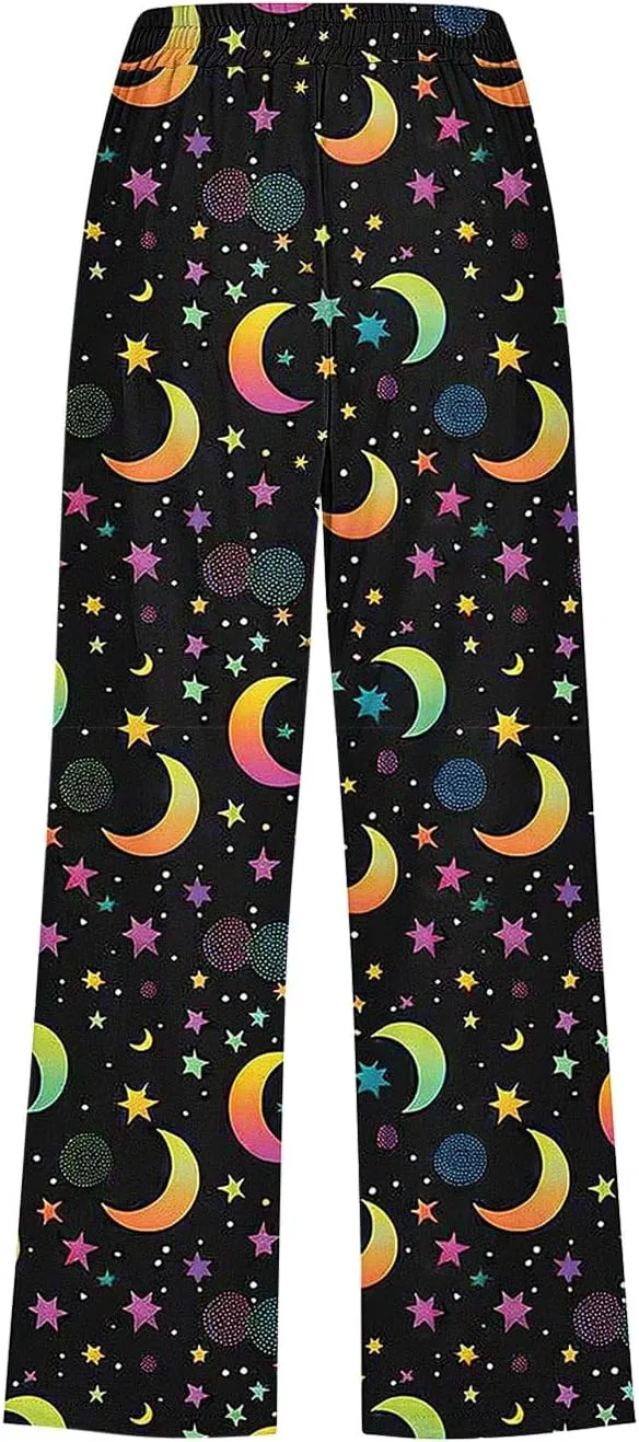 Star Universe Printed Capri Pants for Women Drawstring Straight Wide Leg Pant High Waist Casual Beach Trousers Lounge