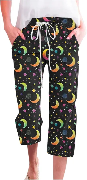 Star Universe Printed Capri Pants for Women Drawstring Straight Wide Leg Pant High Waist Casual Beach Trousers Lounge