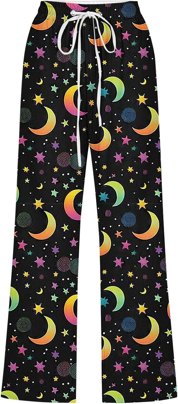 Star Universe Printed Capri Pants for Women Drawstring Straight Wide Leg Pant High Waist Casual Beach Trousers Lounge