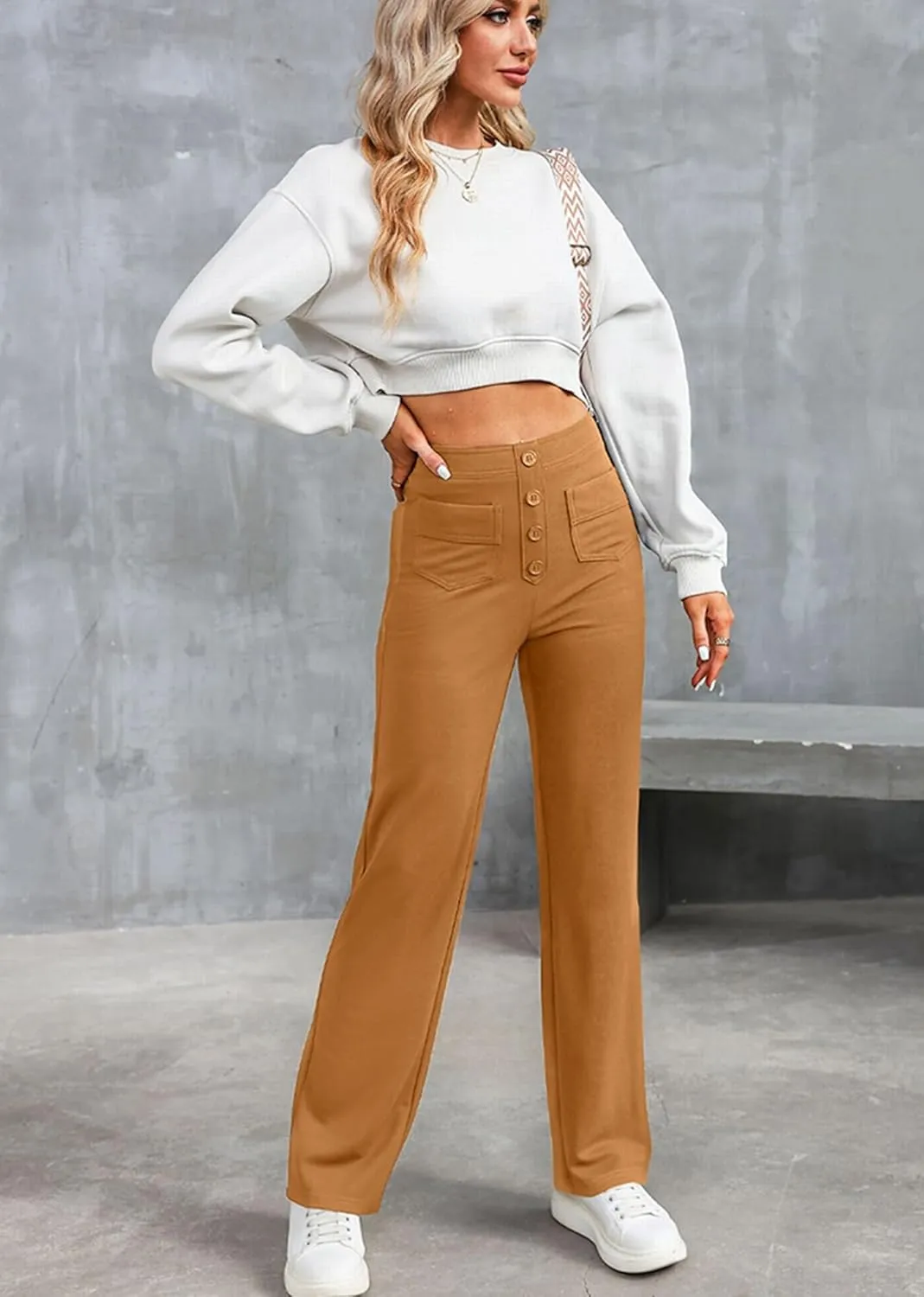 Straight Leg Pants Women Casual High Waist Button Elastic Trousers Tummy Control Stretch Pants with Multiple Pockets