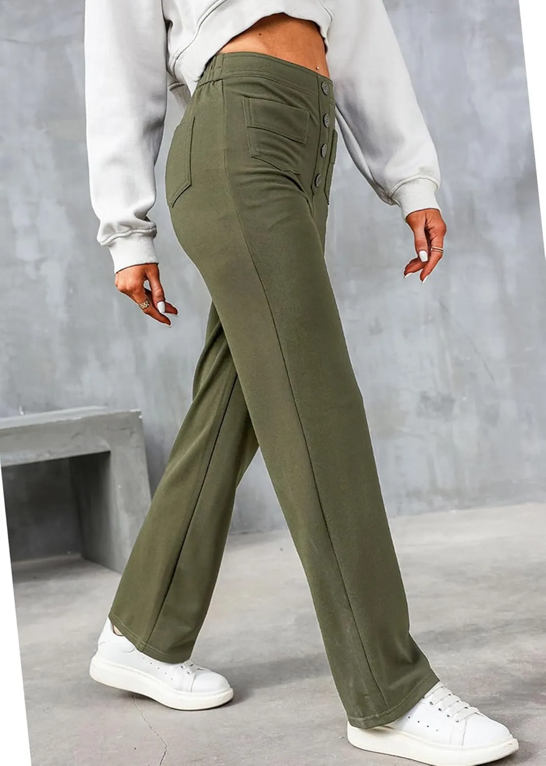 Straight Leg Pants Women Casual High Waist Button Elastic Trousers Tummy Control Stretch Pants with Multiple Pockets