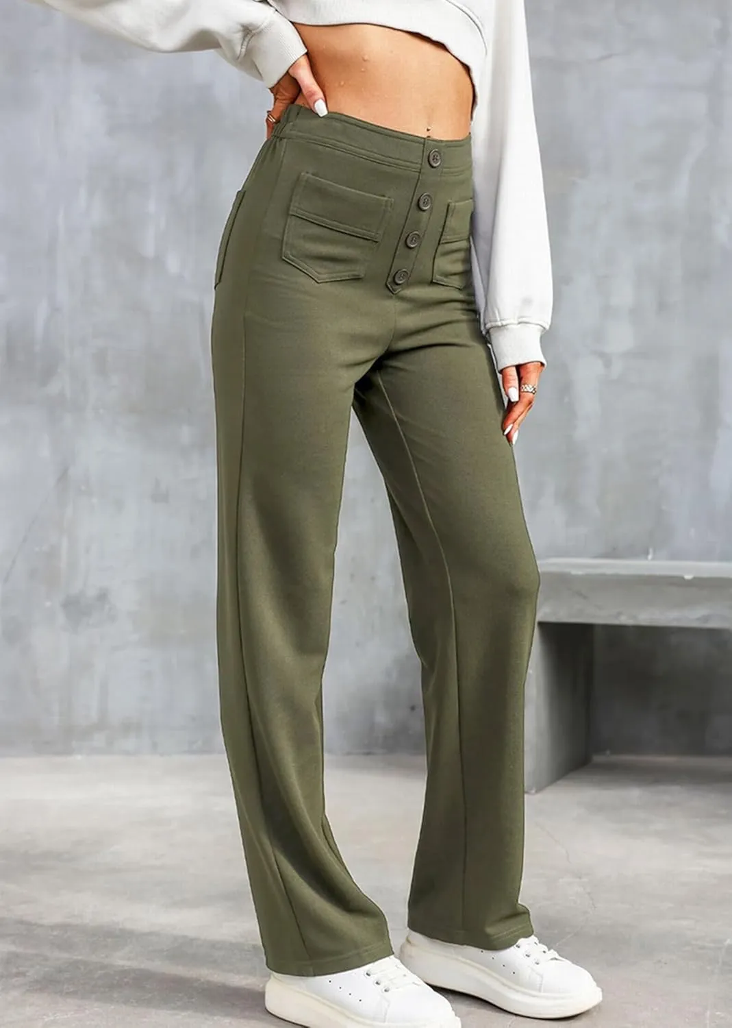 Straight Leg Pants Women Casual High Waist Button Elastic Trousers Tummy Control Stretch Pants with Multiple Pockets