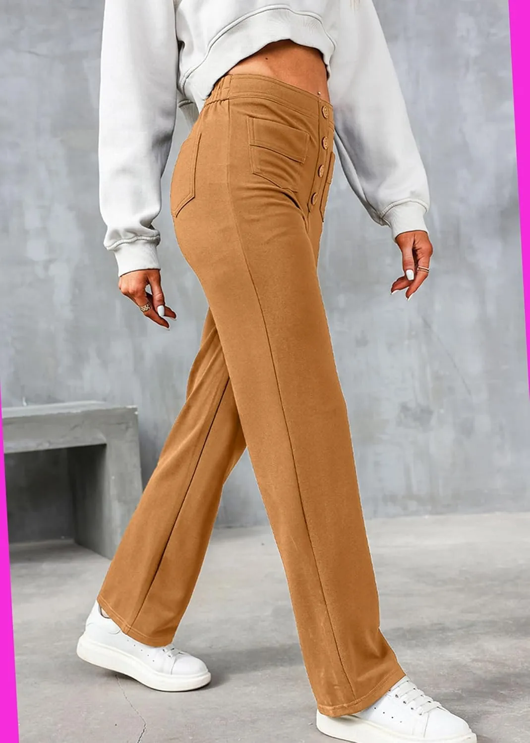 Straight Leg Pants Women Casual High Waist Button Elastic Trousers Tummy Control Stretch Pants with Multiple Pockets