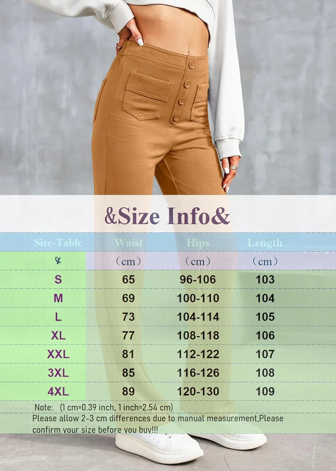 Straight Leg Pants Women Casual High Waist Button Elastic Trousers Tummy Control Stretch Pants with Multiple Pockets