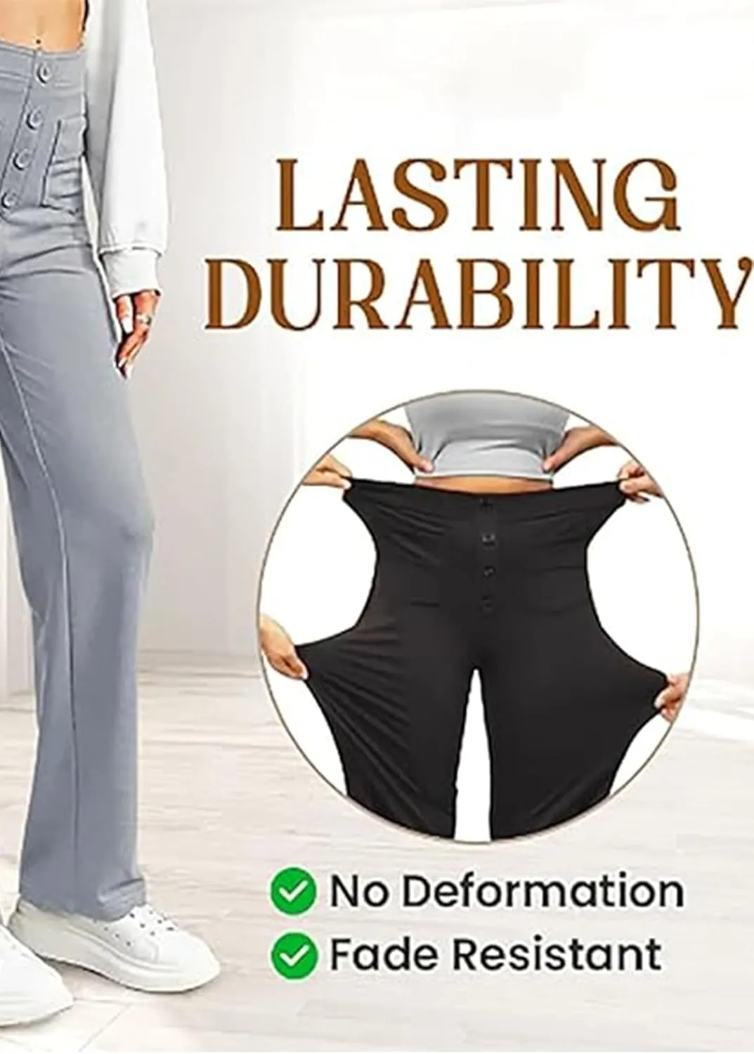 Straight Leg Pants Women Casual High Waist Button Elastic Trousers Tummy Control Stretch Pants with Multiple Pockets
