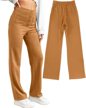 Straight Leg Pants Women Casual High Waist Button Elastic Trousers Tummy Control Stretch Pants with Multiple Pockets
