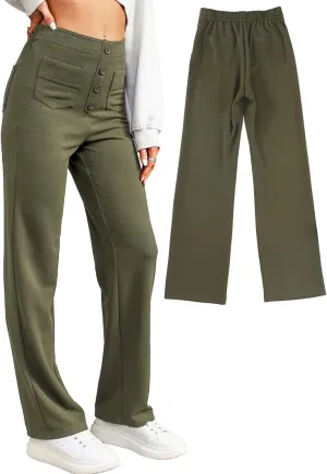Straight Leg Pants Women Casual High Waist Button Elastic Trousers Tummy Control Stretch Pants with Multiple Pockets