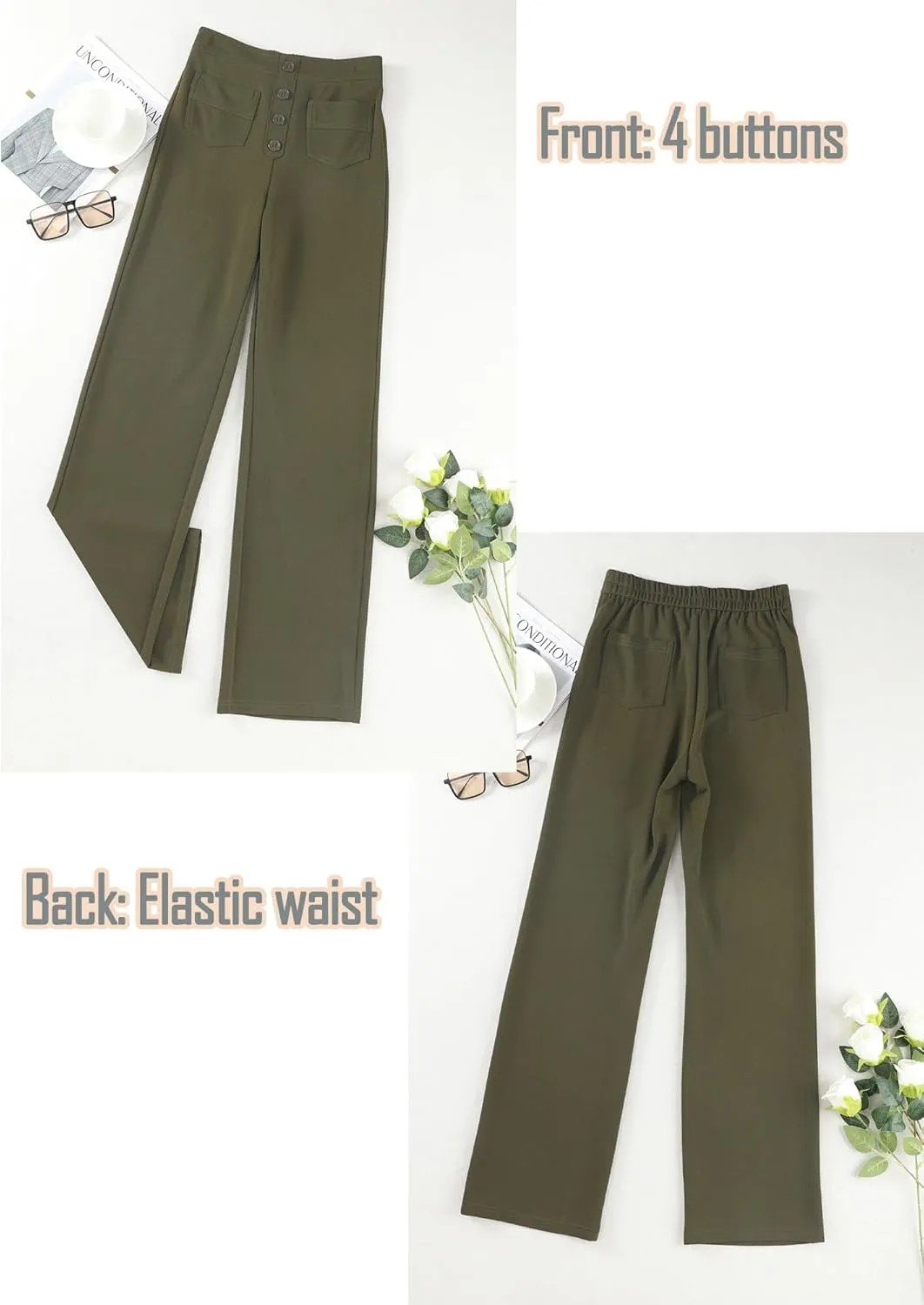 Straight Leg Pants Women Casual High Waist Button Elastic Trousers Tummy Control Stretch Pants with Multiple Pockets