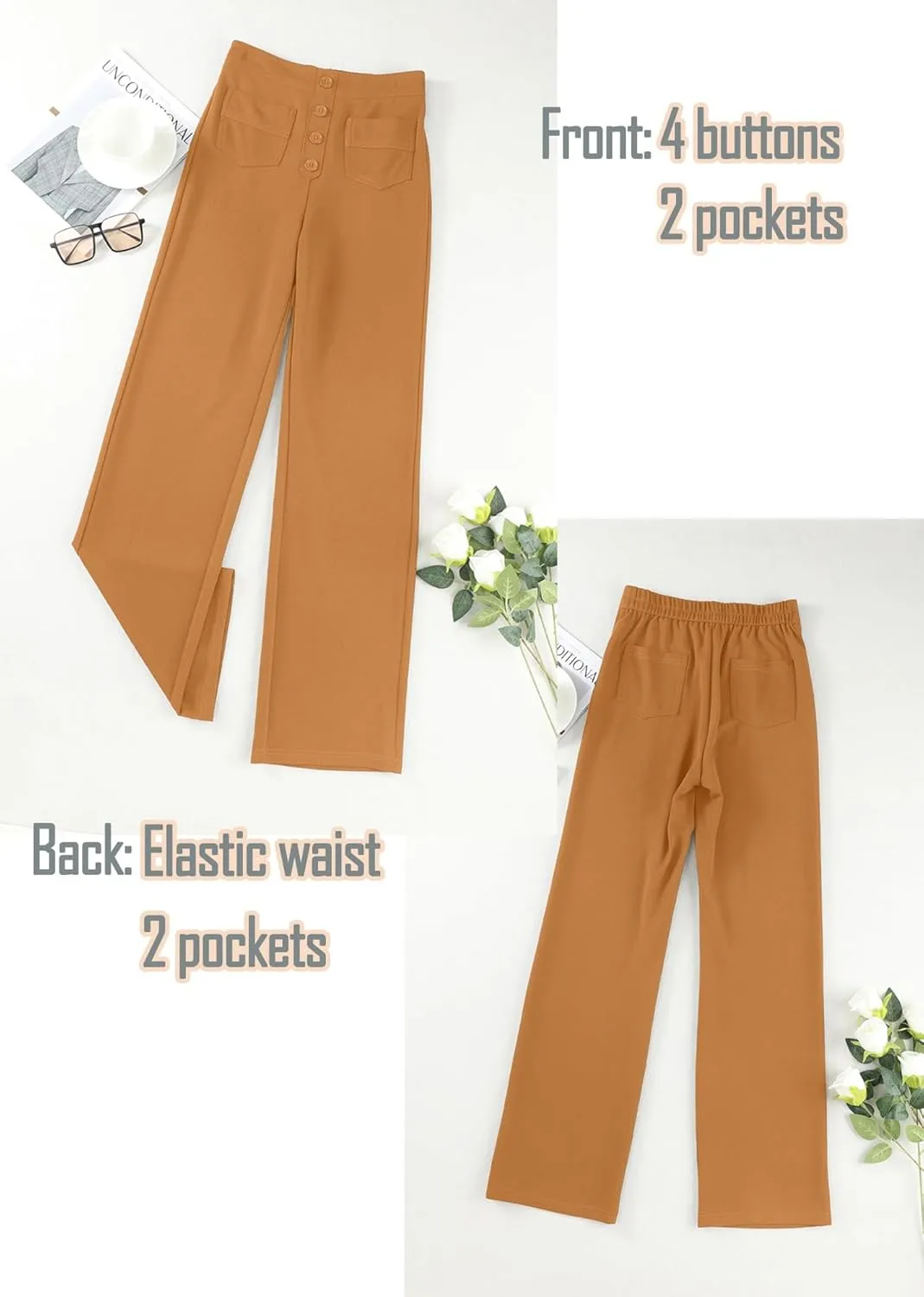 Straight Leg Pants Women Casual High Waist Button Elastic Trousers Tummy Control Stretch Pants with Multiple Pockets