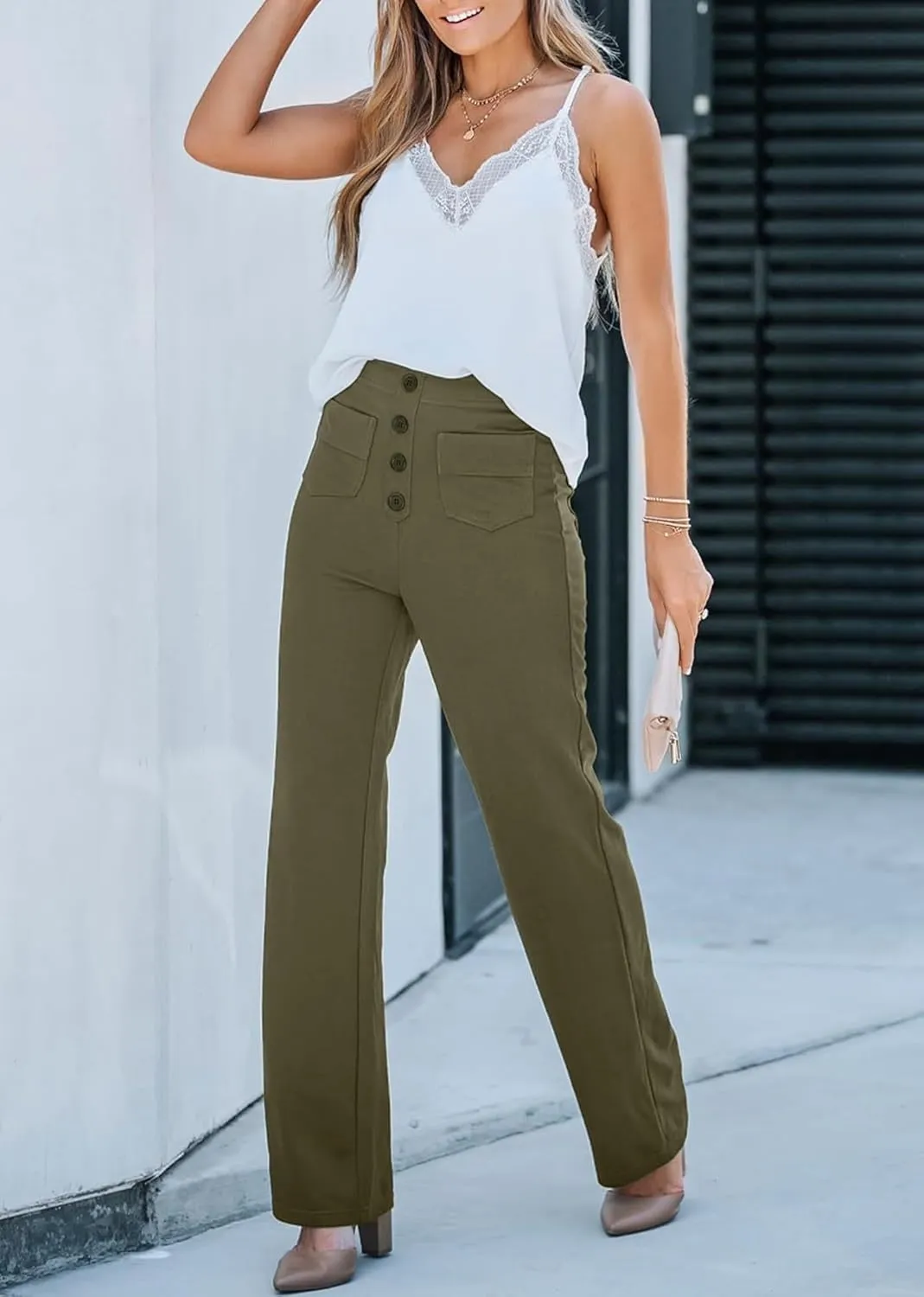 Straight Leg Pants Women Casual High Waist Button Elastic Trousers Tummy Control Stretch Pants with Multiple Pockets
