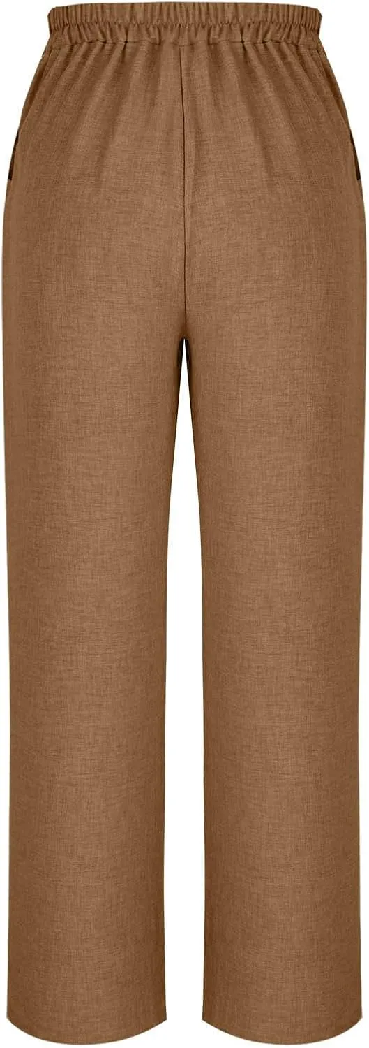 Straight Leg Trousers for Women Business Casual Work Pants Stretchy Wide Leg Elastic High Waist Slacks with Pockets
