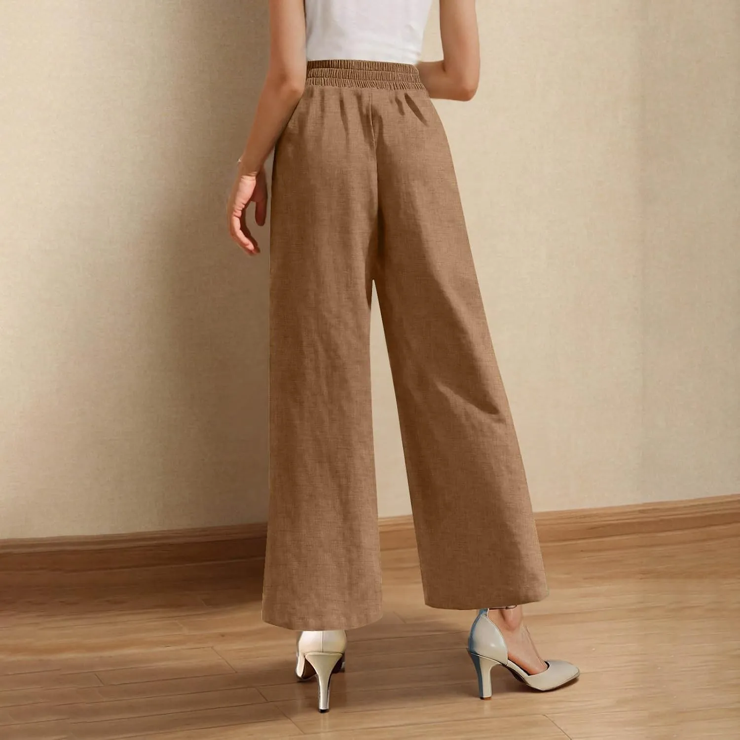 Straight Leg Trousers for Women Business Casual Work Pants Stretchy Wide Leg Elastic High Waist Slacks with Pockets