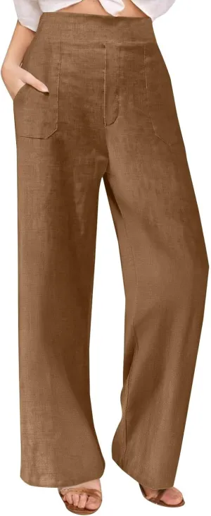 Straight Leg Trousers for Women Business Casual Work Pants Stretchy Wide Leg Elastic High Waist Slacks with Pockets