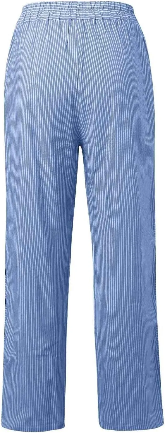 Striped Linen Pants Women Elastic High Waisted Cropped Pants Side Button Summer Vacation Capri Pants with Pockets