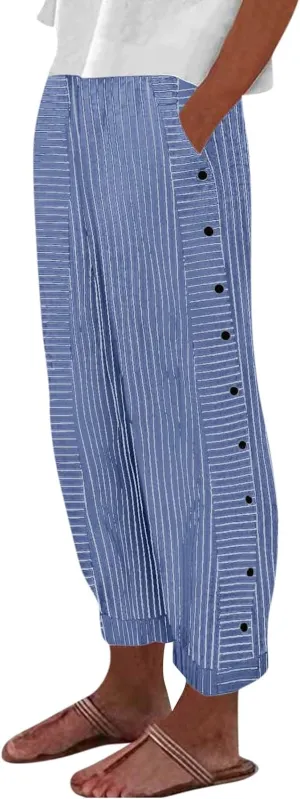Striped Linen Pants Women Elastic High Waisted Cropped Pants Side Button Summer Vacation Capri Pants with Pockets