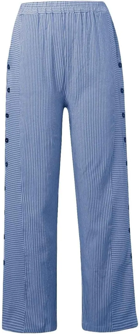 Striped Linen Pants Women Elastic High Waisted Cropped Pants Side Button Summer Vacation Capri Pants with Pockets