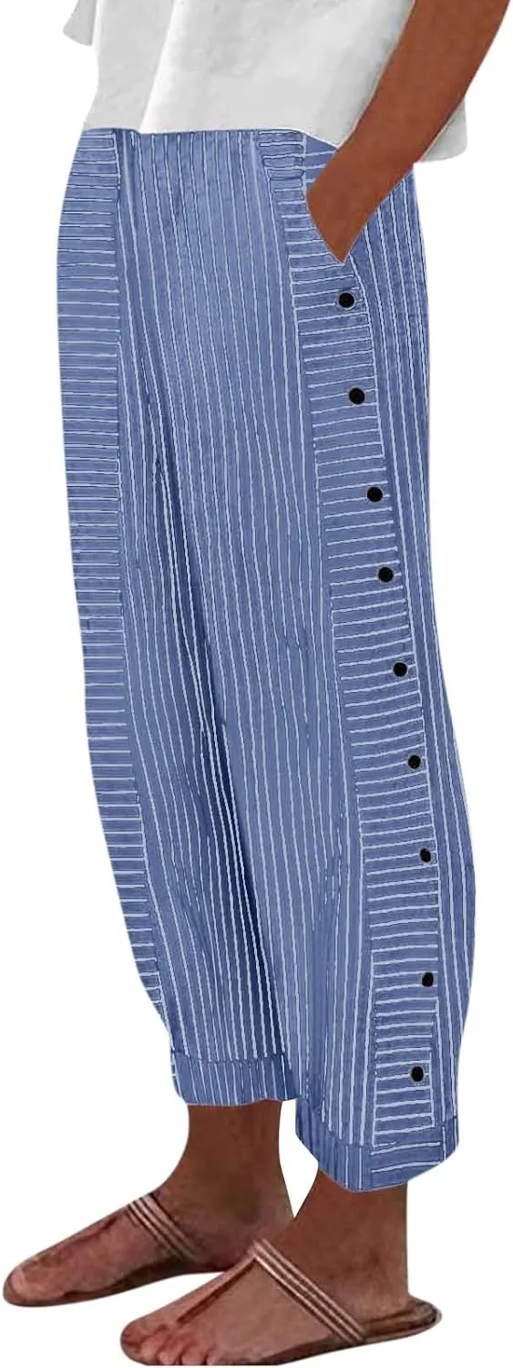 Striped Linen Pants Women Elastic High Waisted Cropped Pants Side Button Summer Vacation Capri Pants with Pockets