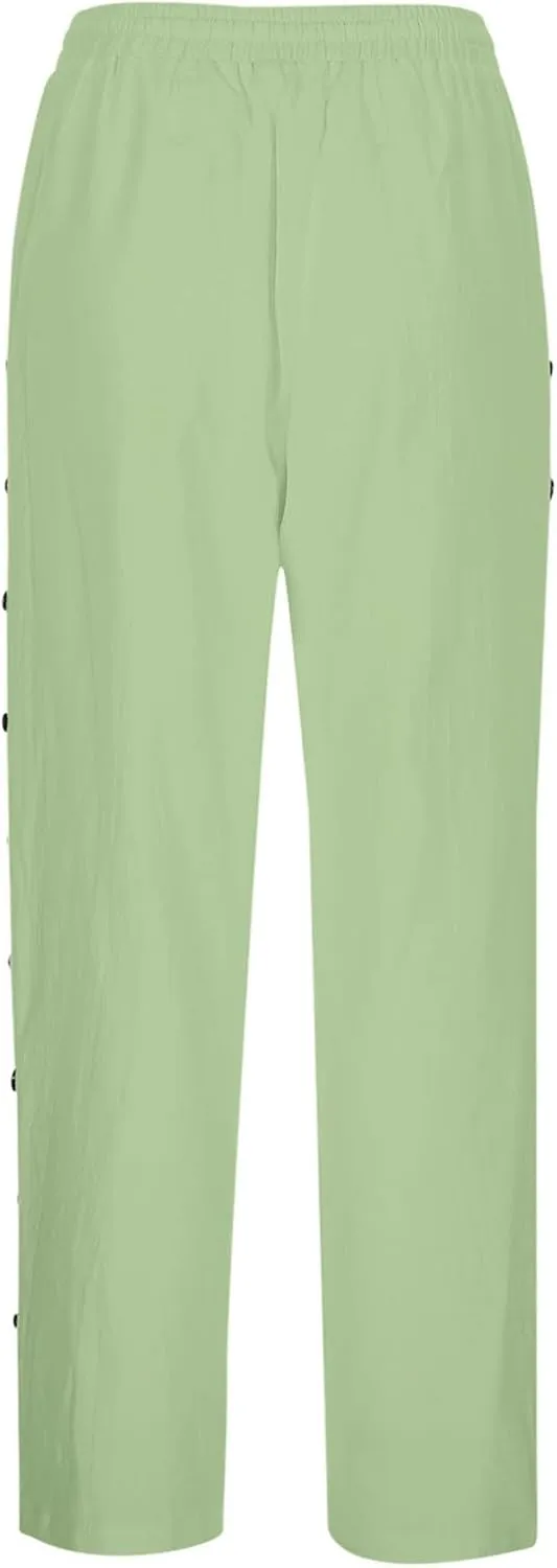 Striped Pants Women Summer Trendy Side Button Lightweight Elastic Waist Straight Leg Casual Trousers with Pockets
