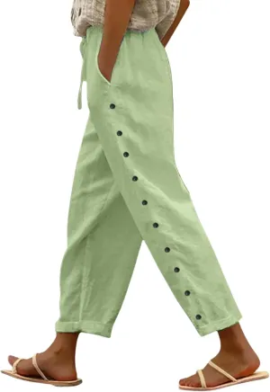 Striped Pants Women Summer Trendy Side Button Lightweight Elastic Waist Straight Leg Casual Trousers with Pockets