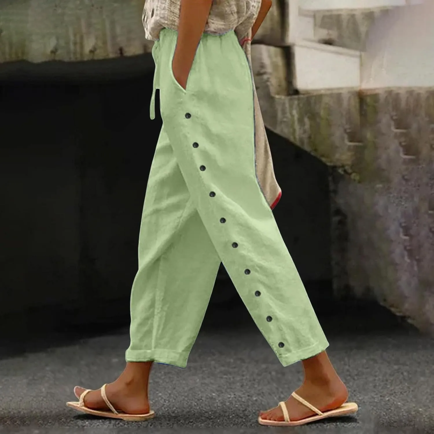 Striped Pants Women Summer Trendy Side Button Lightweight Elastic Waist Straight Leg Casual Trousers with Pockets