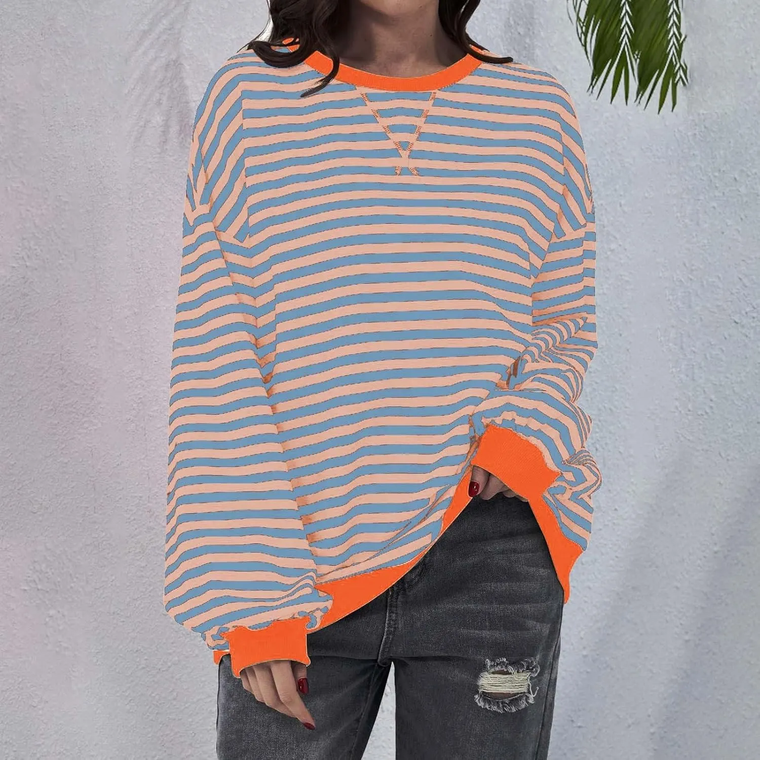 Striped Shirt Colorblock Sweatshirt Women Oversized Sweatshirt Long Sleeve Shirts Fall Outfits for Women 2024