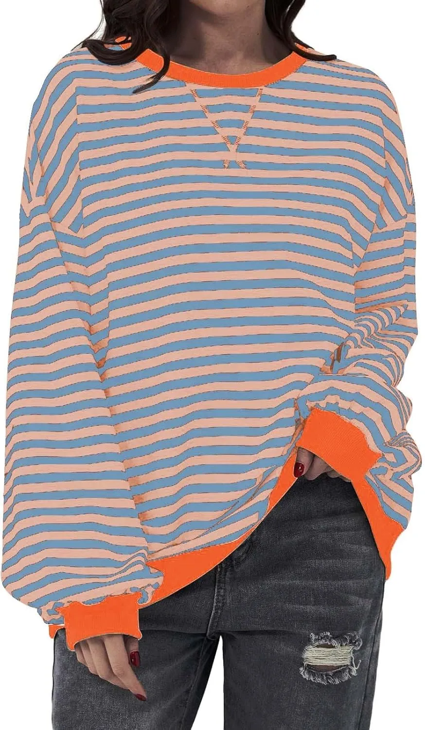 Striped Shirt Colorblock Sweatshirt Women Oversized Sweatshirt Long Sleeve Shirts Fall Outfits for Women 2024