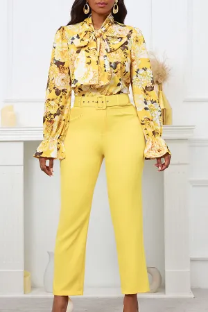 Stylish Botanical Print Blouse & Pants Set