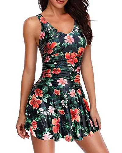 Stylish Vintage Swimdress Women's Tummy Control One Piece Skirt Swimwear