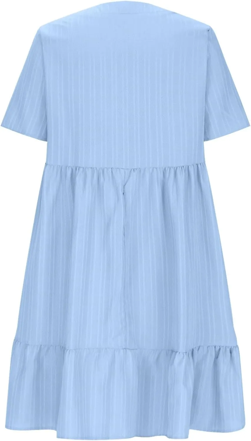 Summer Dress for Women 2025 Casual V Neck Short Sleeve Swing Midi Dresses Ruffle Tiered Flowy Beach A-Line Sundress