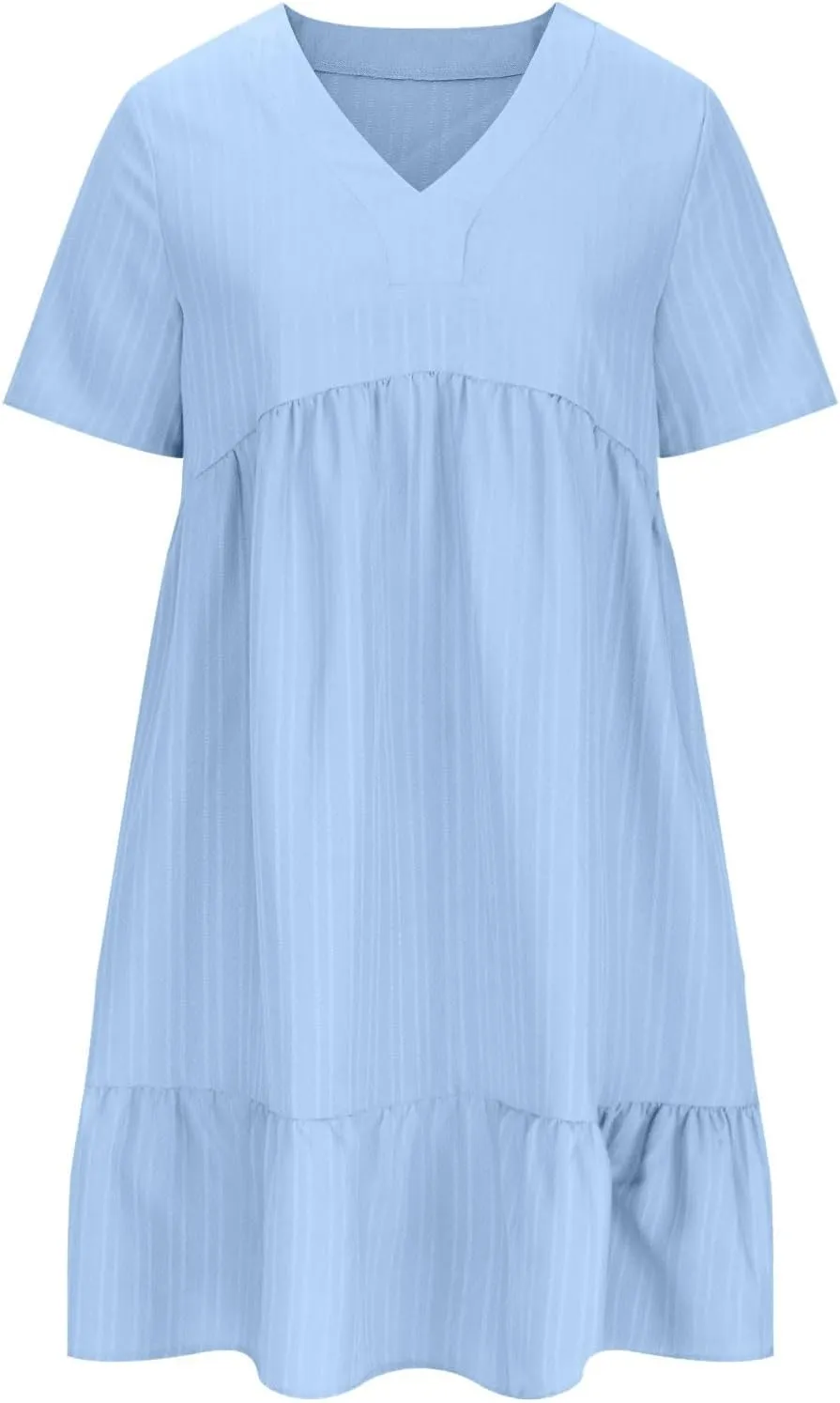 Summer Dress for Women 2025 Casual V Neck Short Sleeve Swing Midi Dresses Ruffle Tiered Flowy Beach A-Line Sundress