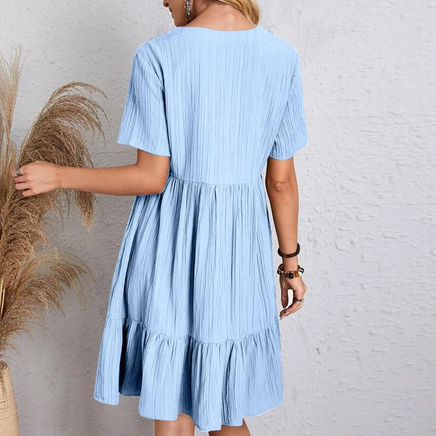 Summer Dress for Women 2025 Casual V Neck Short Sleeve Swing Midi Dresses Ruffle Tiered Flowy Beach A-Line Sundress