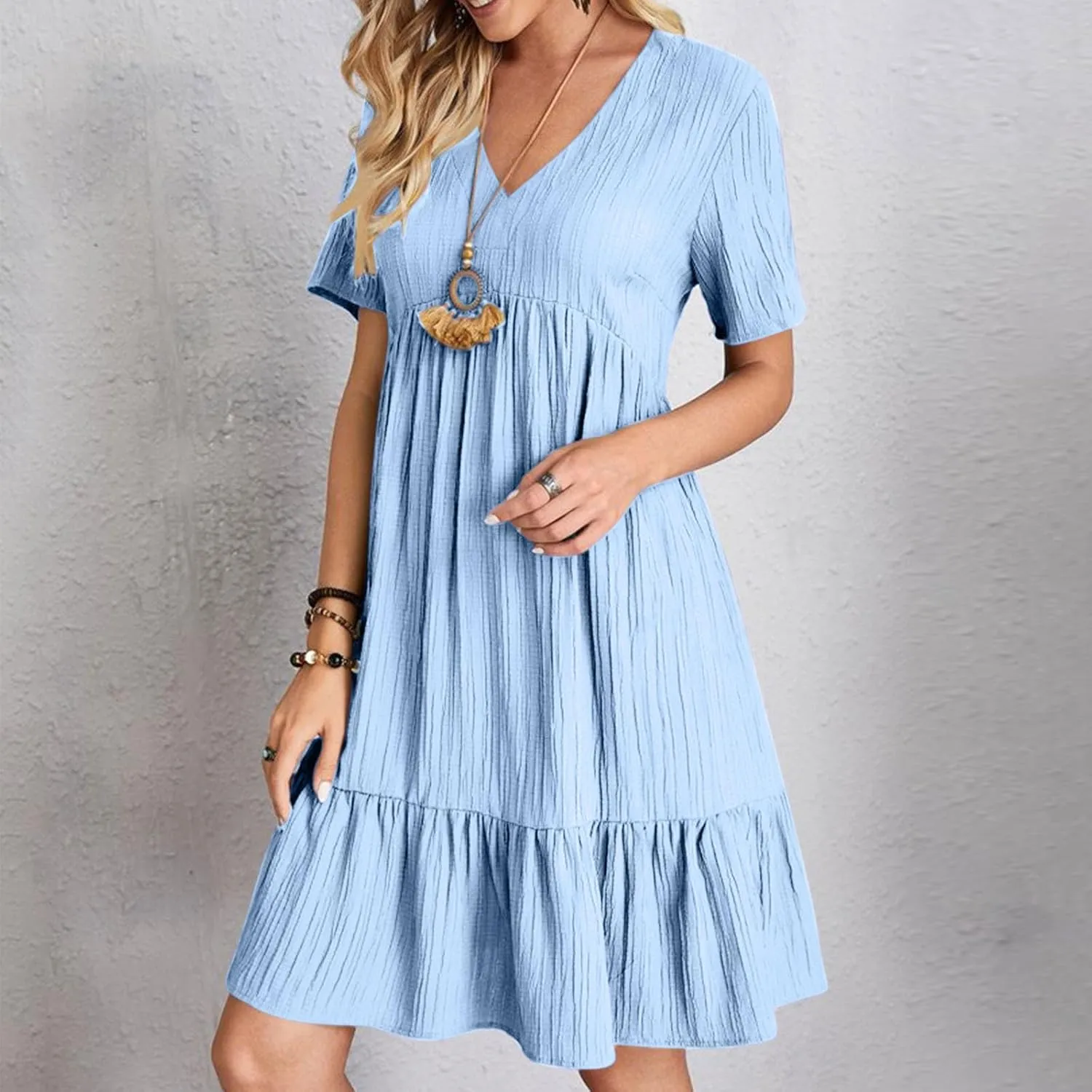 Summer Dress for Women 2025 Casual V Neck Short Sleeve Swing Midi Dresses Ruffle Tiered Flowy Beach A-Line Sundress