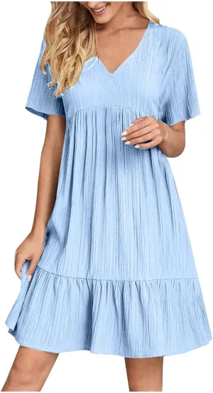 Summer Dress for Women 2025 Casual V Neck Short Sleeve Swing Midi Dresses Ruffle Tiered Flowy Beach A-Line Sundress