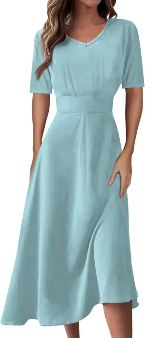 Summer Dresses for Women 2024, Women's Waisted Solid Color Casual Long Dress Plus Size Short Sleeve V-Neck Dresses