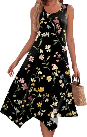Summer Dresses for Women 2025 Fashion Round Neck Sleeveless Print Irregular Hem Tank Sundress Casual Beach Midi Dresses