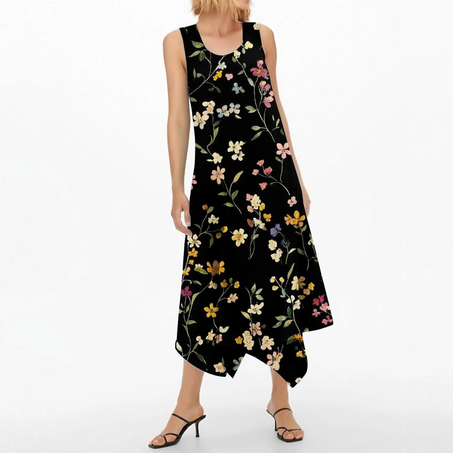 Summer Dresses for Women 2025 Fashion Round Neck Sleeveless Print Irregular Hem Tank Sundress Casual Beach Midi Dresses