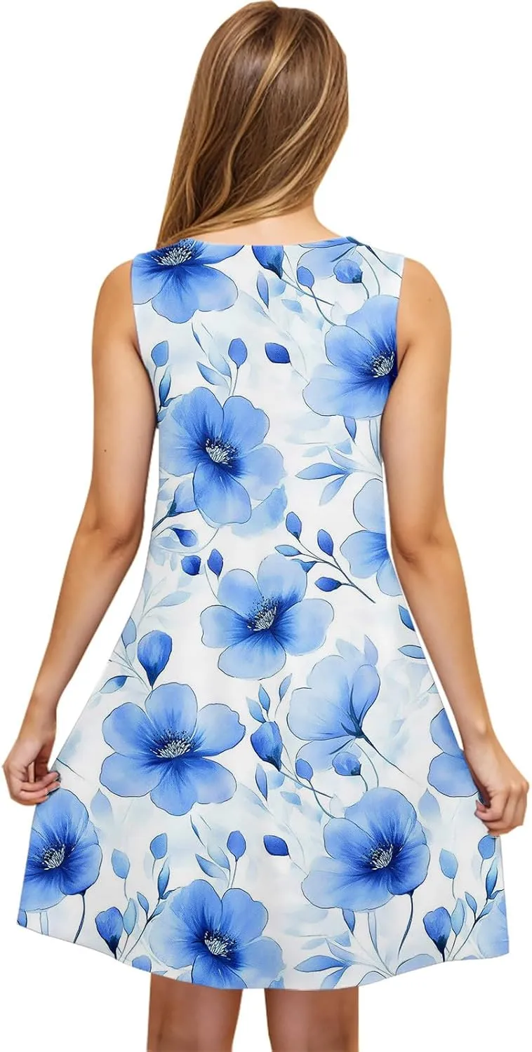 Summer Floral Tank Dresses for Women Sleeveless Mini Tunic Dress Beach Holiday Ruffle Swing Sundress Bikini Cover Up