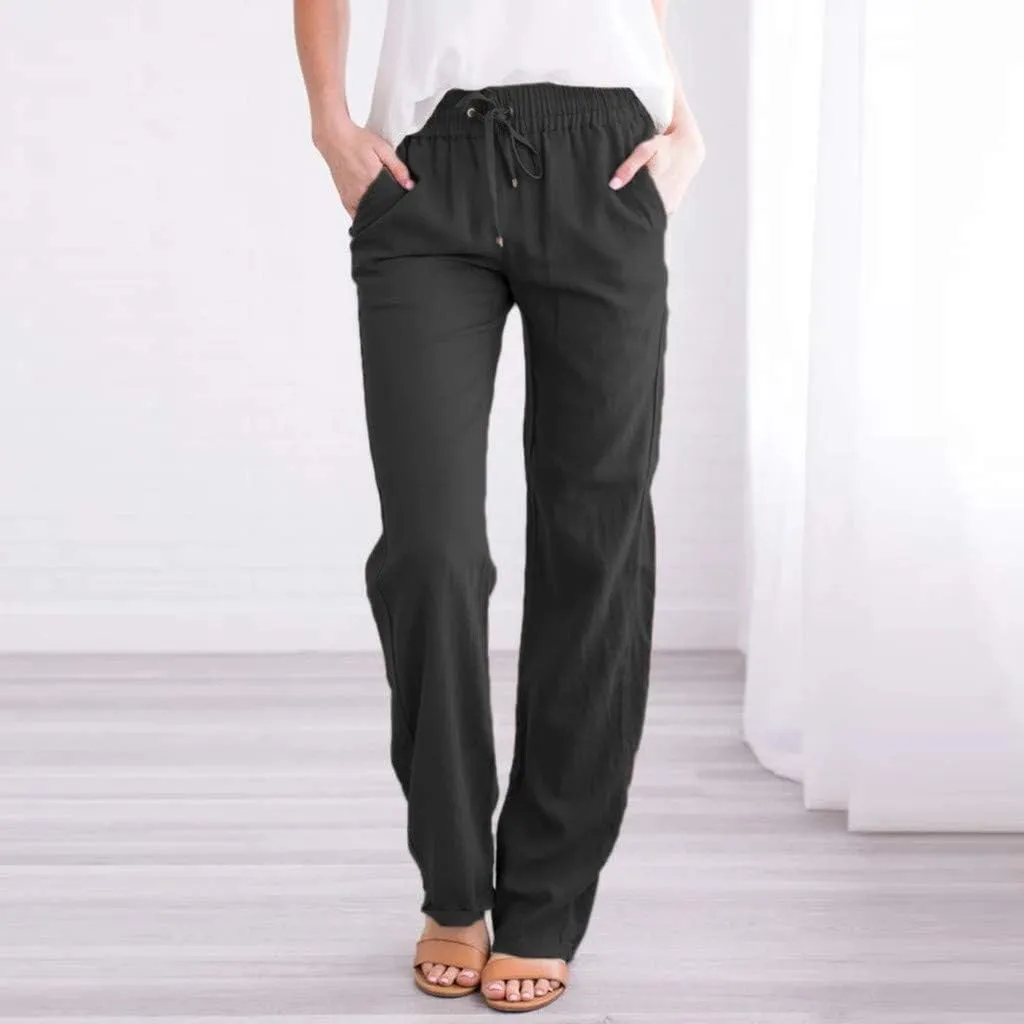 Summer Pants for Women Straight Leg Casual Trousers High Waisted Elastic Waist Breathable Travel Beach Lounge Pants