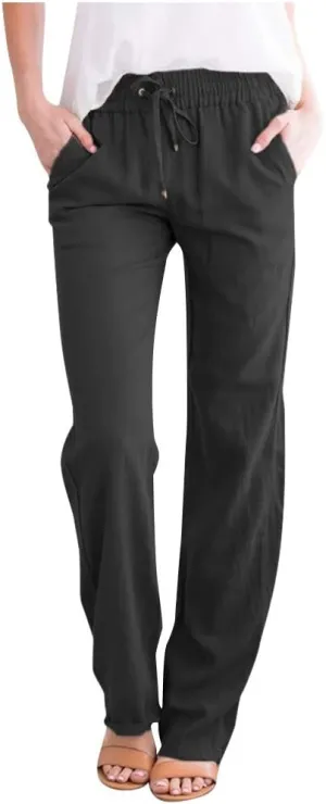 Summer Pants for Women Straight Leg Casual Trousers High Waisted Elastic Waist Breathable Travel Beach Lounge Pants