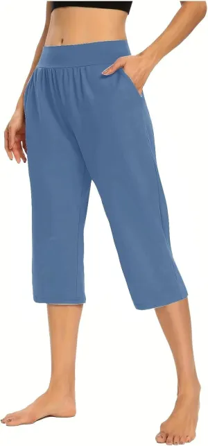 Summer Pants Women, with Pockets High Waist Capri Pants Wide Leg Tummy