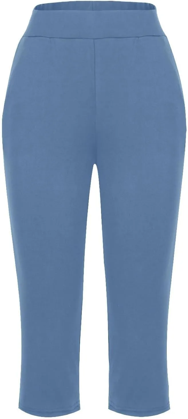 Summer Pants Women, with Pockets High Waist Capri Pants Wide Leg Tummy