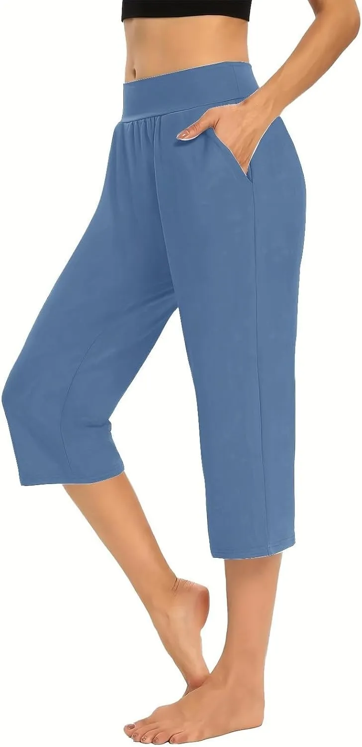 Summer Pants Women, with Pockets High Waist Capri Pants Wide Leg Tummy