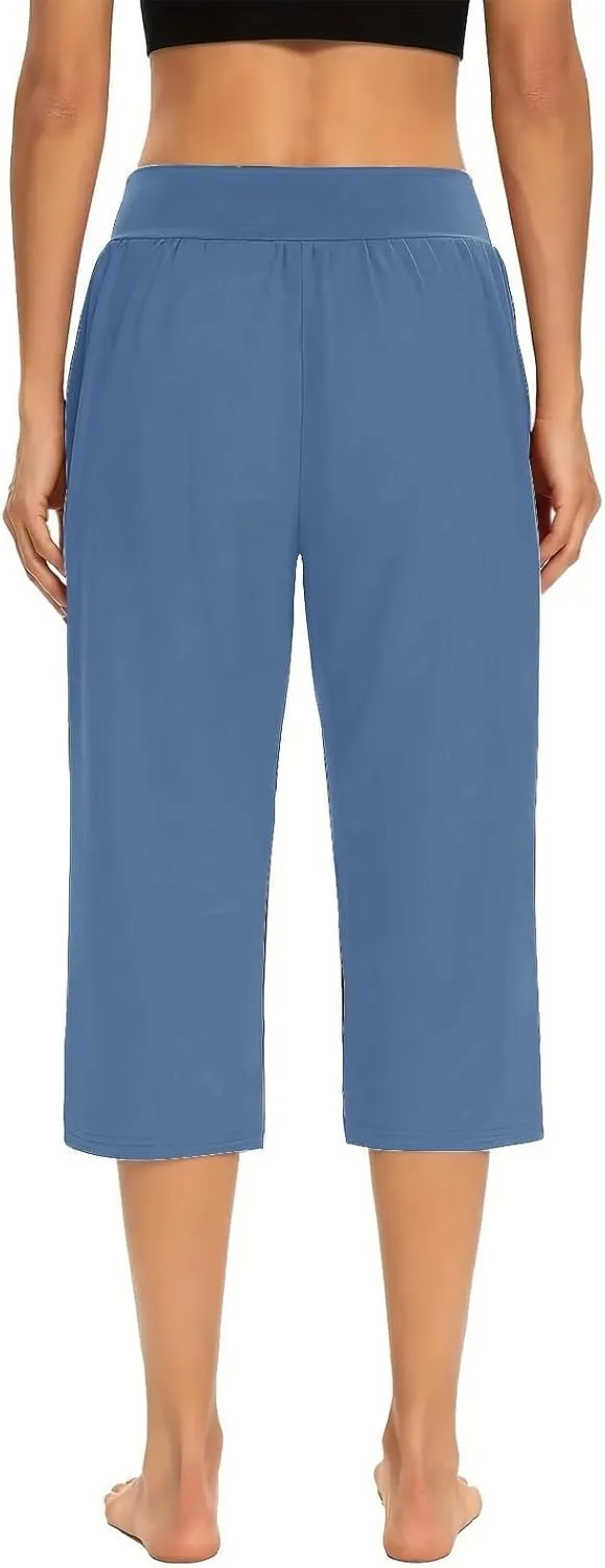 Summer Pants Women, with Pockets High Waist Capri Pants Wide Leg Tummy
