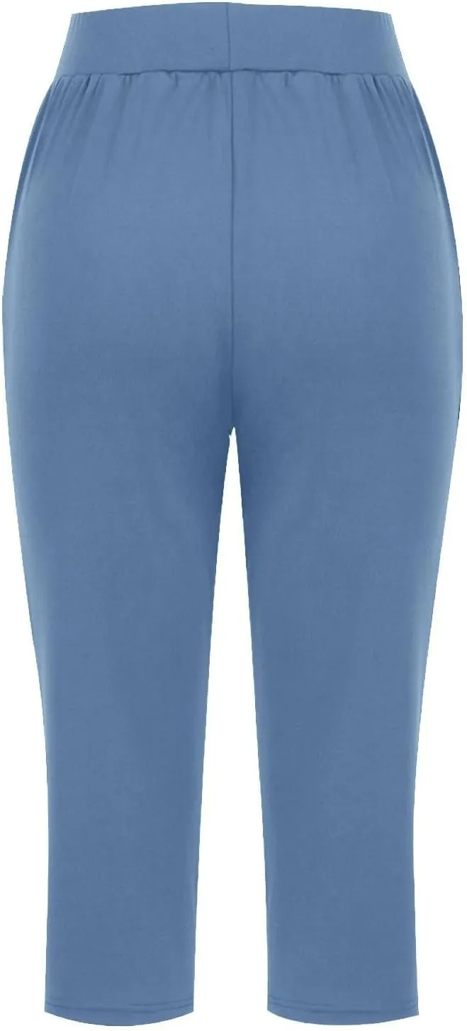Summer Pants Women, with Pockets High Waist Capri Pants Wide Leg Tummy